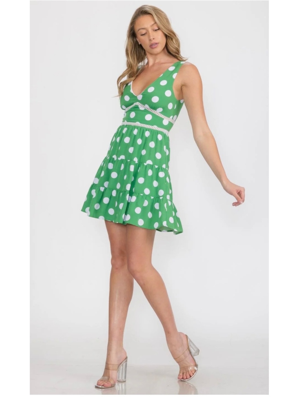 Feel In Los Angeles Green Polka Dot Sleeveless Dress Large